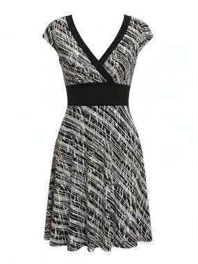 White House Black Market Black & White V-Neck Fit-and-Flare Dress XSmall